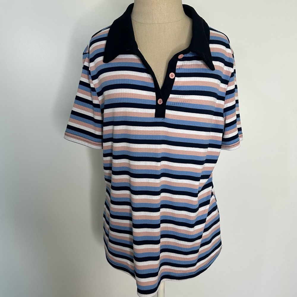 Shein Ezwear Plus Block Striped Polo Neck Tee